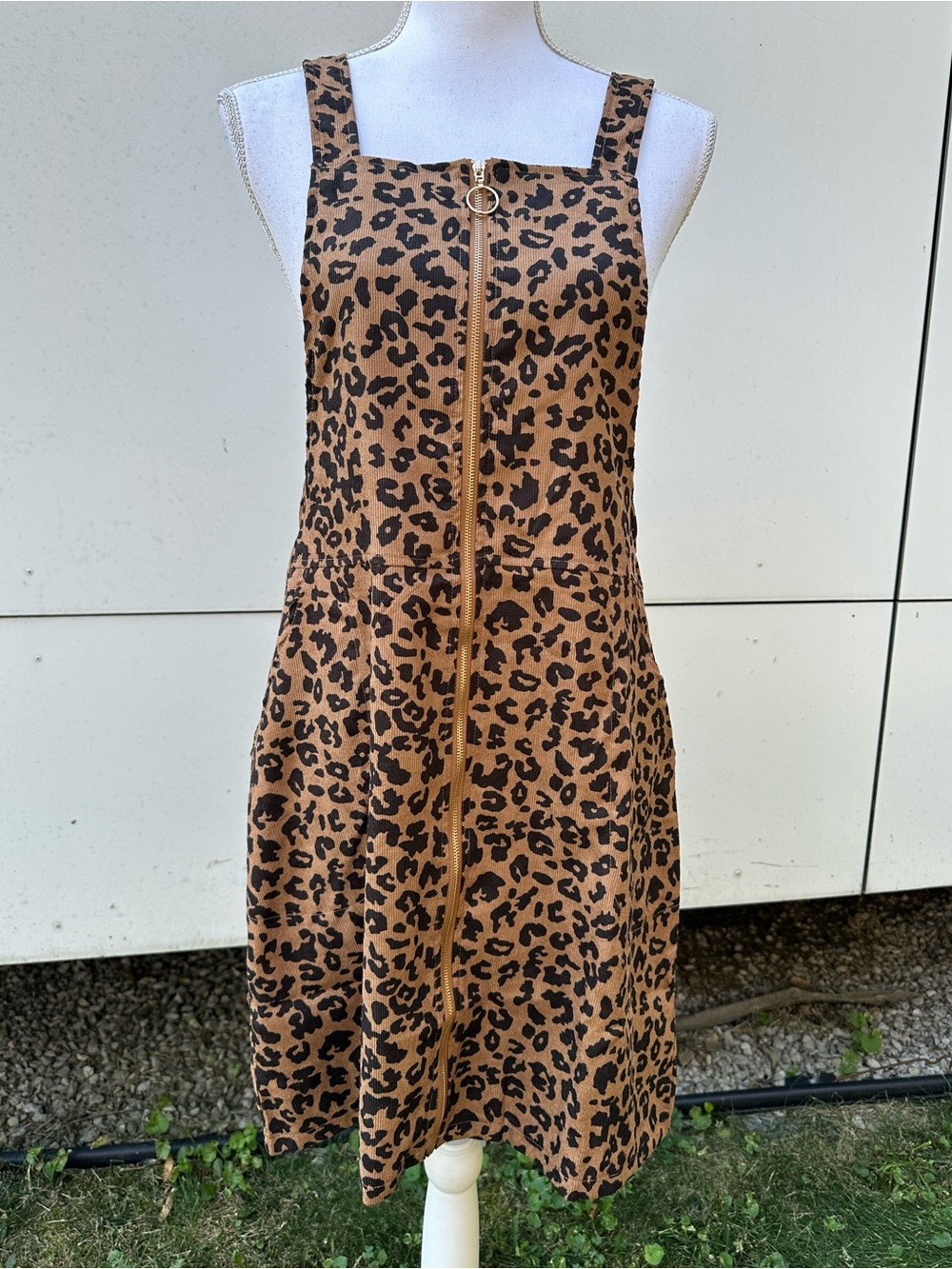 Leopard Print Zip Up Overall Dress with Pockets / Large